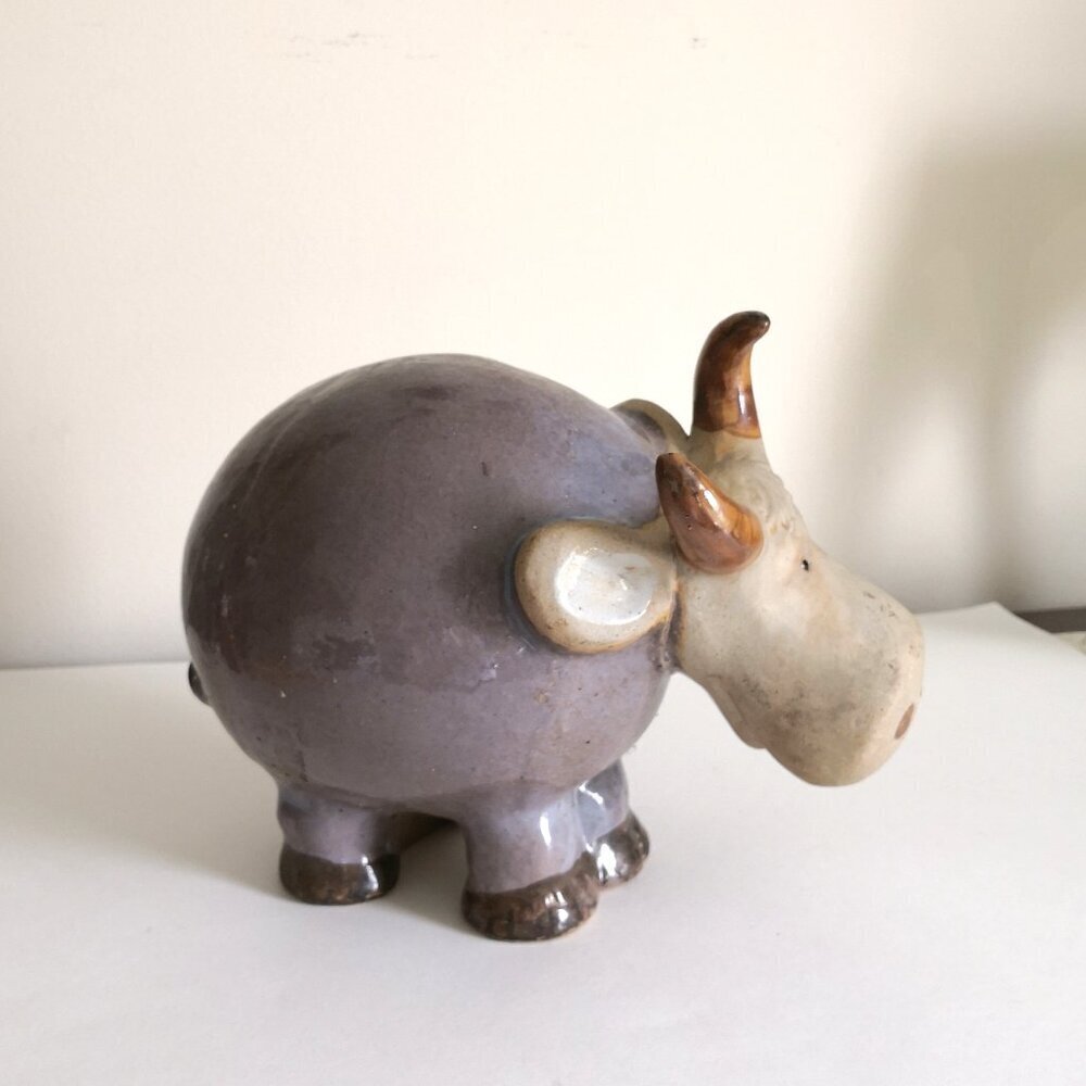 Vintage Whimsical Pottery Bull Artsy Ceramic Figurine Purplish Gray 10"Lx5.5"Wx7